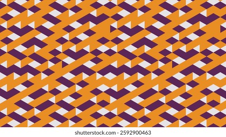 A bold geometric pattern with interlocking triangles in orange, purple, and white.