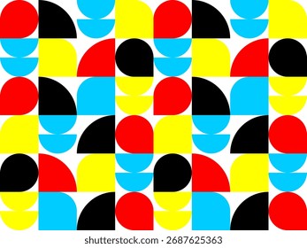 Bold geometric pattern with semicircles, squares, and primary colors, perfect for retro design, branding, packaging, or abstract modern backgrounds.