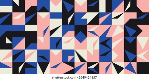 Bold geometric pattern with sharp angular shapes in pink, blue, and black