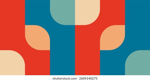 a bold geometric pattern with vibrant shapes in red, teal, and cream, creating a modern and playful aesthetic.