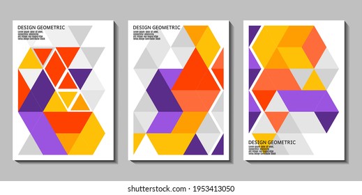 Bold geometric poster trio with vibrant orange, and purple triangles over grayscale backgrounds,tech design,or branding presentations with a modern retro feel.