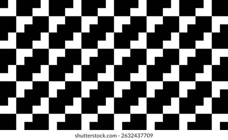 Patrón geométrico atrevido sin fisuras con un motivo de escalón en blanco y negro vibrante. Ideal para fondos dinámicos, textiles modernos y diseño de envases