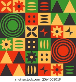 Bold geometric seamless pattern with vibrant red, green, yellow, and black colors with abstract shapes, symbolizing African cultural heritage and unity. Vector illustration for Black History Month