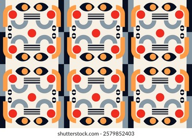 Bold geometric seamless pattern with vibrant colors and eye motifs, creating a dynamic and eye-catching design. Perfect for modern interior design, fashion textiles