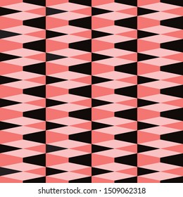 Bold geometric seamless tiled pattern in black, pink and coral. Retro styled mod look  that is eye catching for packaging, backgrounds, fashion, textiles, paper items and decor accents. Vector.