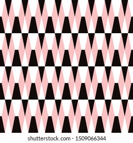 Bold geometric seamless tiled pattern in black, pink and white. Retro styled mod look  that is eye catching for packaging, backgrounds, fashion, textiles, paper items and decor accents. Vector.