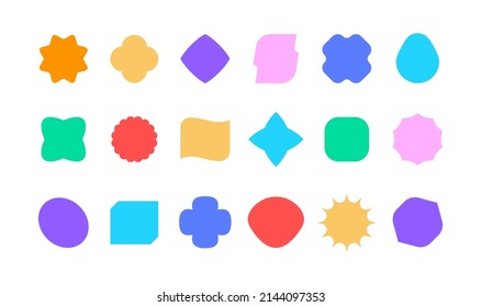 Bold geometric shapes. Abstract empty organic forms for banner and discount labels. Vector set. Funny figures of different bright colors as orange, yellow, green, blue, purple and red