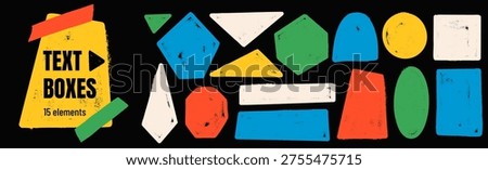 Bold geometric shapes on black with chalk and ink texture in red, blue and green. Geometry form callout set with triangle, arch, rectangle and oval. Hand drawn vector text box shape for sticker design