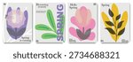 Bold geometric spring floral covers with modern abstract flower illustrations and colorful seasonal typography