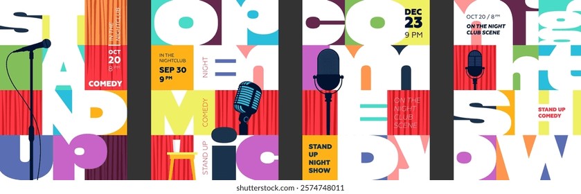 Bold geometric stand up comedy poster set with brutalist design featuring microphones, comedians and vibrant elements. Trendy artwork for comedy shows, club events and nightlife promotions