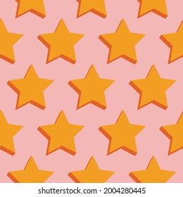 Bold geometric star seamless vector pattern. Yellow stars with orange shadows on millennial pink background. Girly, fun, trendy, aesthetic, modern, design. Repeat backdrop wallpaper texture print.