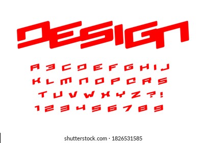 Bold geometric style alphabet for auto race modern logo, banner and poster. Red font, heavy italic letters, numbers and signs. Awesome typography design. Vector typeset.