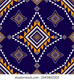 A bold geometric tribal pattern featuring deep navy and vivid orange. This ethnic-inspired design is perfect for fashion, textiles, and vibrant prints.