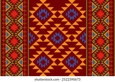 Bold geometric tribal pattern with red, blue, and yellow diamond and triangle designs