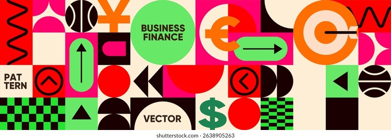 Bold geometric vector mosaic featuring finance symbols, arrows, and abstract elements with a pop color scheme for business design.