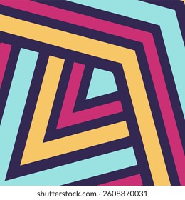 A bold, geometric vector pattern featuring angled concentric shapes in teal, pink, navy, and yellow, creating a dynamic, layered design.