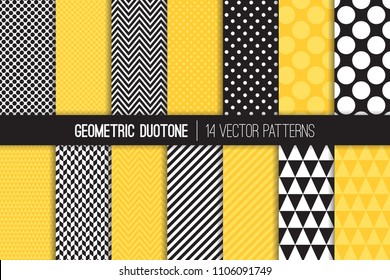 
Bold Geometric Vector Patterns in Two-tone Yellow and Black and White. Chevron, Polka Dots, Stripes, Triangles and Herringbone Prints. Vector Pattern Tile Swatches Included.