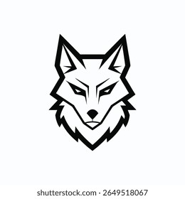Logotipo da cabeça de lobo geométrico negrito em preto e branco, ilustração mínima de animal selvagem isolado no fundo claro