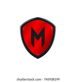 Bold glossy Red Shield with M letter logo or icon for security company