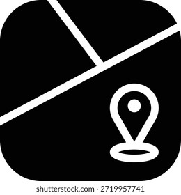 Bold glyph icon of a map location pin, filled navigation symbol.