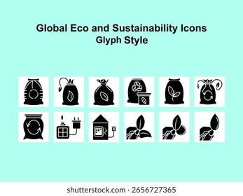 Bold glyph icon set focused on ecology, sustainability, and green energy themes. Ideal for apps, websites, infographics, and clean tech visual identity.