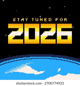 Tipografía dorada audaz de 2026 con vista desde el espacio y la tierra en Long Shot, estilo de arte de píxeles