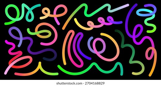 Bold gradient shapes with neon colors form an abstract wave pattern, featuring organic swirls and geometric lines perfect for posters, logos, and creative illustrations.