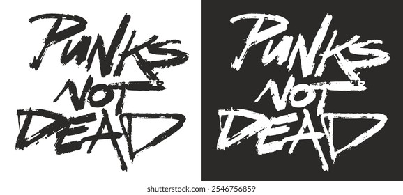 Bold graffiti displays the phrase punks not dead showcasing energetic brush strokes on both black and white backgrounds. The artwork reflects punk culture and resilience.