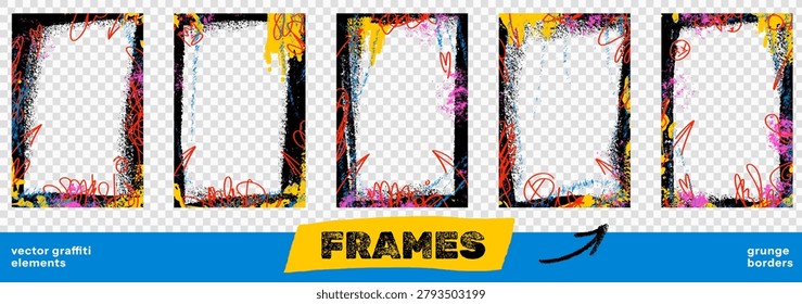 Bold graffiti frame set with splashy paint borders and grunge edges. Red and blue graffiti splash and spots on transparent as png checker backdrop with frame. Vector hip hop element for music flyer.