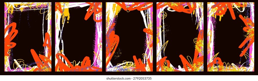Bold graffiti frame set with spraypaint effect borders and rough aerosol edges. Orange and pink graffiti spray on urban frame. Vector vibrant messy collage elements for hip hop album cover or promo.