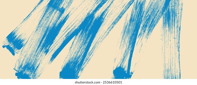 Bold grainy blue brush stroke with spray and grunge texture. Hand drawn distress damaged edges vintage template or banner. Vector grunge texture, retro background for banner. Zigzag brush strokes.