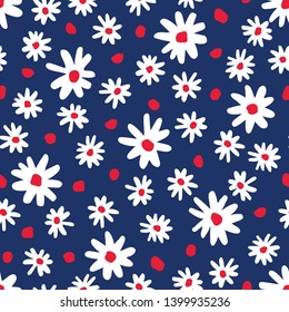 Bold graphic abstract daisies floral vector seamless pattern. Simplistic hand drawn colourful blooms on navy blue background. Retro minimal stylized flowers and dots print.