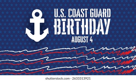 Bold graphic artwork celebrating Coast Guard Birthday with wave patterns, dots, and anchor symbol. Designed for August 4 patriotic events.