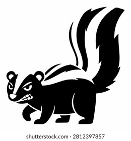 A bold, graphic black and white illustration of a badger in a fierce stance, emphasizing its sharp features and bushy tail.