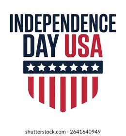 A bold graphic design celebrating American Independence Day.  Features the text 'Independence Day USA' above a stylized shield incorporating red and white stripes and stars, perfect for patriotic cele