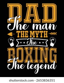 A bold graphic design celebrating a father who loves boxing. It features the text "Dad The Man The Myth The Boxing The Legend" with boxing gloves and decorative elements.