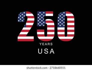 A bold graphic design commemorating the 250th anniversary of the United States, featuring large "250" numerals filled with the American flag pattern on a black background, symbolizing patriotism and national pride.