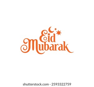 A bold, graphic design featuring the Arabic phrase "Eid Mubarak" in a stylized, orange font, adorned with crescent moons and stars.