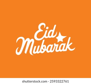 A bold, graphic design featuring the Arabic phrase "Eid Mubarak" in a stylized, orange font, adorned with crescent moons and stars.