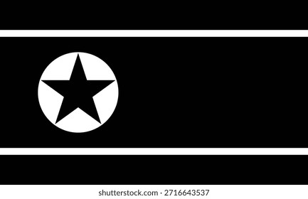 Fette Grafik mit schwarzer Flagge mit einem auffälligen weißen kreisförmigen Emblem mit einem schwarzen Stern, akzentuiert durch dünne weiße horizontale Streifen