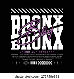 Bold graphic design featuring 'Bronx Boy' text and urban symbols, perfect for streetwear apparel and designs.