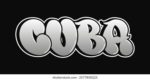 Bold graphic design featuring Cuba in stylized font with a metallic finish on a dark background