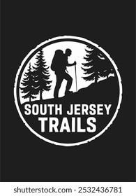 A bold and graphic design featuring a hiker in the wilderness. The hiker, with a backpack, is seen walking along a scenic trail surrounded by trees, representing adventure and outdoor pursuits.