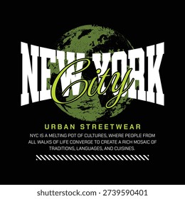 Bold graphic design featuring 'New York City' text layered over a textured green globe, symbolizing urban streetwear culture.
