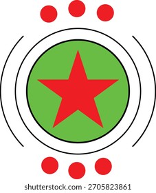 Um design gráfico arrojado com uma estrela vermelha de cinco pontas dentro de um círculo verde brilhante, colocado sobre um fundo preto com pontos vermelhos acima e abaixo.