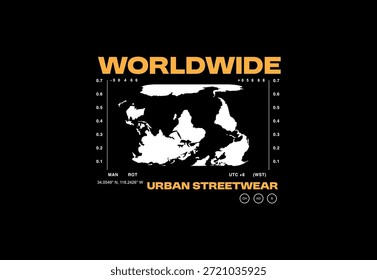 Um design gráfico arrojado com a palavra WORLDWIDE acima de um mapa-múndi estilizado, com URBAN STREETWEAR abaixo, colocado sobre um fundo preto. O design tem uma estética moderna e ousada.