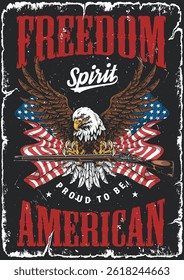 A bold graphic features a majestic eagle surrounded by the American flag. The design captures pride and patriotism celebrating the essence of American freedom and spirit.