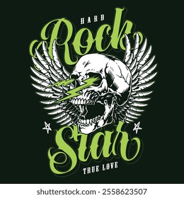 A bold graphic features a skull with wings lightning bolts and vibrant green accents. The design conveys themes of rock music and true love ideal for fans of edgy styles.