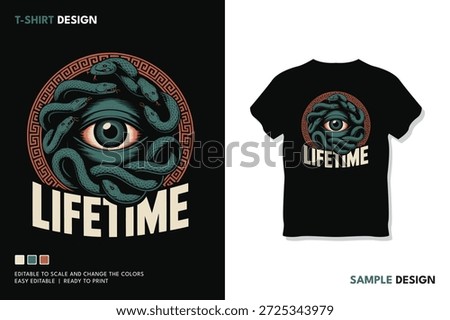 Bold graphic featuring an all-seeing eye framed by a circular Greek key border, entwined with coiled snakes, and the word Lifetime in strong typography. Symbolic of mystery, protection, and eternity.