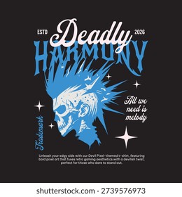 Bold graphic featuring a punk skull with spiky hair, text 'Deadly Harmony', and abstract stars on a black background.
